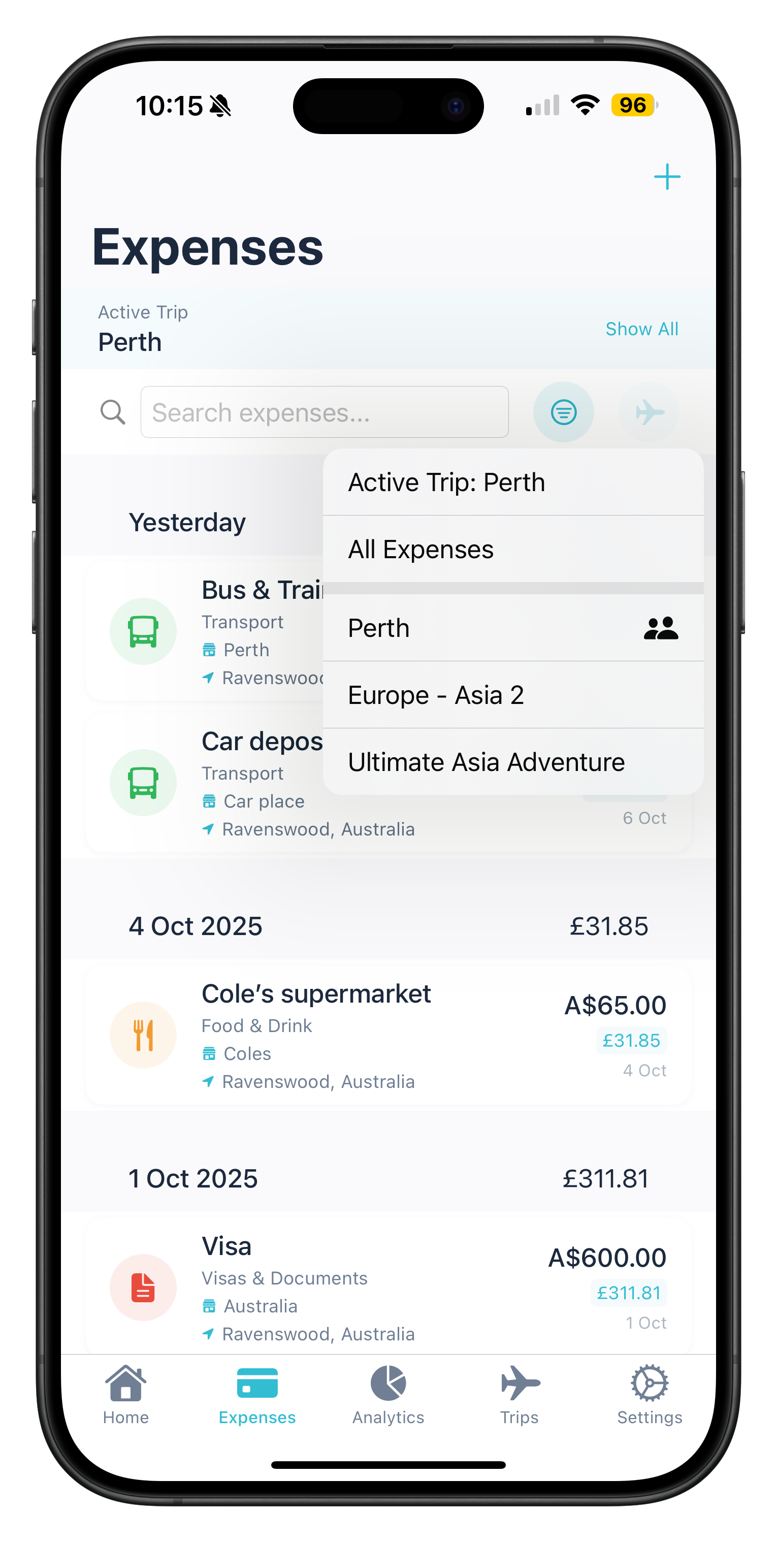 BudgieAI trips list showing collaborative travel budgets